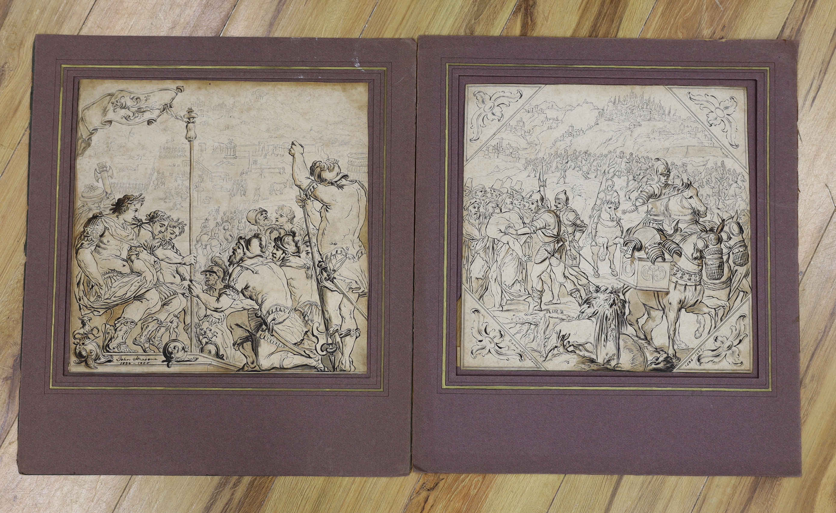 Follower of Jan van der Straet (Stradanus, 1536-1605), pair of Old Master ink and washes on paper, Battle scenes, each signed in ink, mounted, 36 x 36cm, unframed